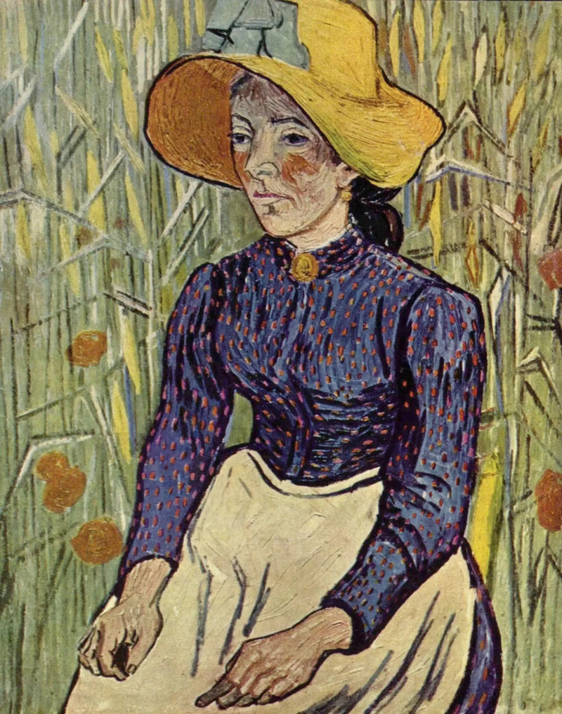 Chłopka w słomkowym kapeluszu siedząca przed polem pszenicy - Vincent van Gogh