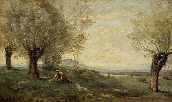 Wiejska kobieta kosząca trawę przy lesie topolowym - Jean-Baptiste Camille Corot