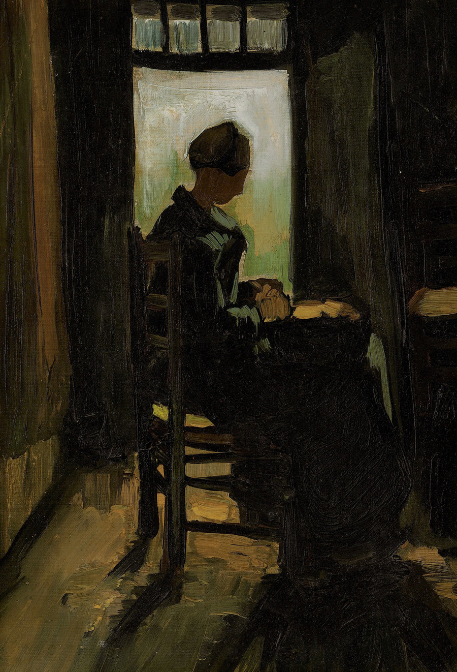 Chłopka siedząca przed otwartymi drzwiami, obierająca ziemniaki - Vincent van Gogh