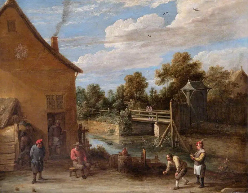 Chłopi grający w bule przed karczmą nad brzegiem rzeki - David Teniers młodszy