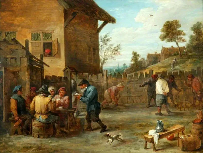 Chłopi grający w karty i bule na podwórku - David Teniers Młodszy