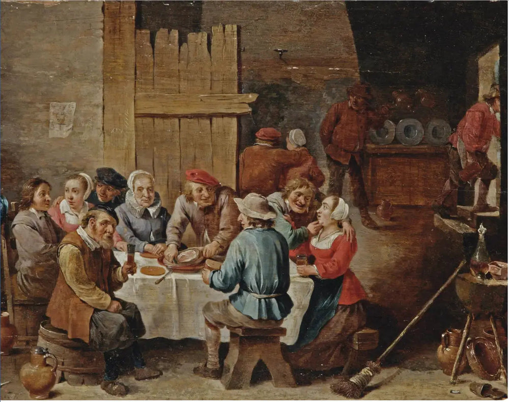 Paysans mangeant et buvant dans un intérieur - David Teniers le Jeune image 1 tableau peint à l’huile sur toile