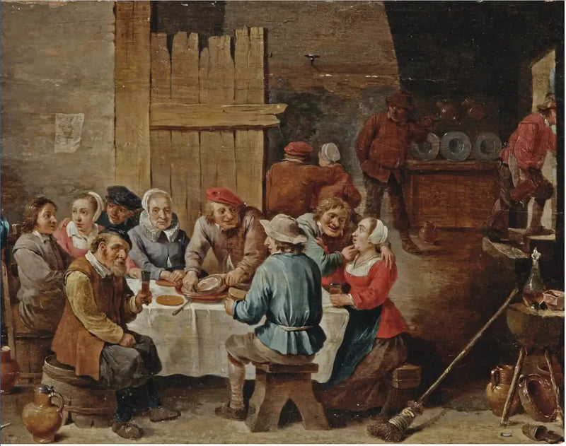 Chłopi jedzący i pijący w wnętrzu - David Teniers młodszy
