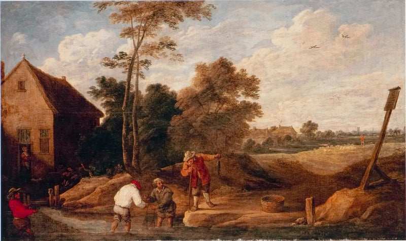 Chłopi łowiący w strumieniu, w pobliżu chaty - David Teniers młodszy
