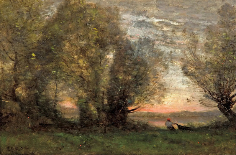 Rybak ciągnący swoją łódź przy starym wierzbie, wieczorny efekt - Jean-Baptiste Camille Corot