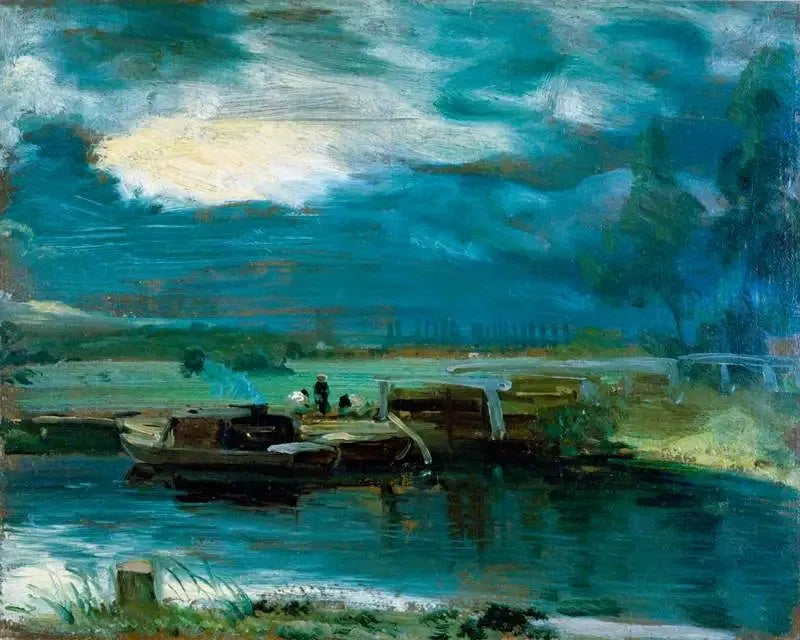 Pływające łodzie na rzece Stour z kościołem w Dedham w oddali - John Constable