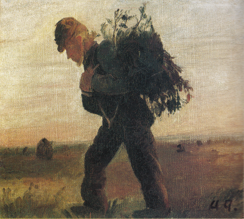 Per Bollerhus, z kijem z patyków w ręku, przemierzający pustkowie - Anna Ancher