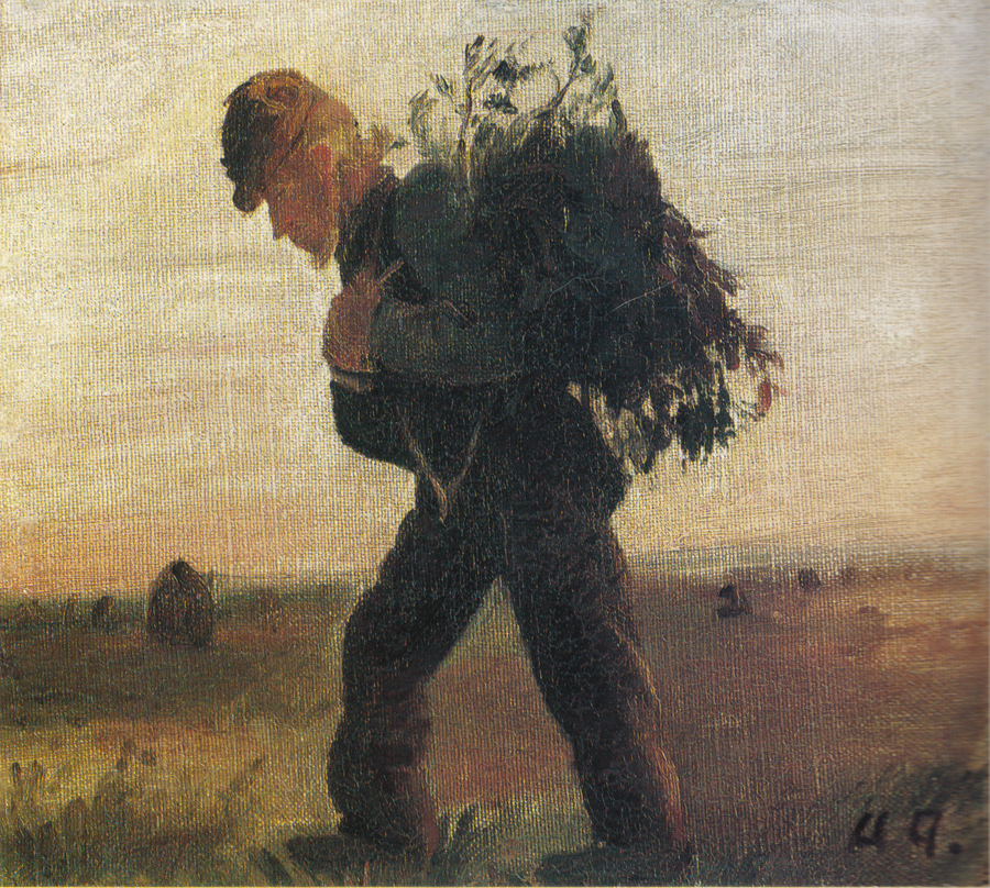 Per Bollerhus, z kijem z patyków w ręku, przemierzający pustkowie - Anna Ancher