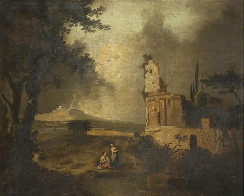 Postacie rozmawiające na pierwszym planie; w oddali Betlejem - Claude Lorrain