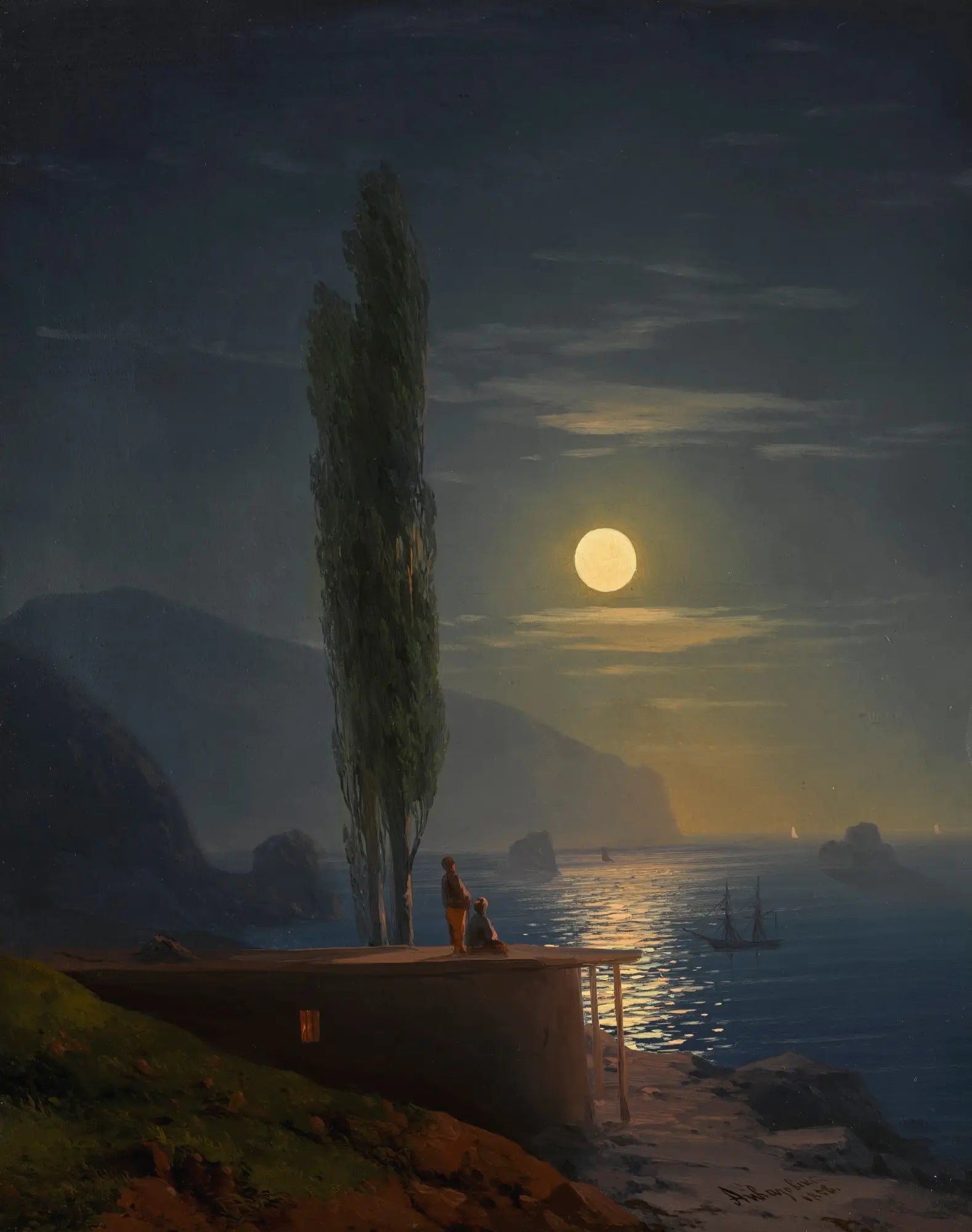 Personnages sur une côte éclairée par la lune - Ivan Aïvazovski image 1 reproduction de peinture à l’huile