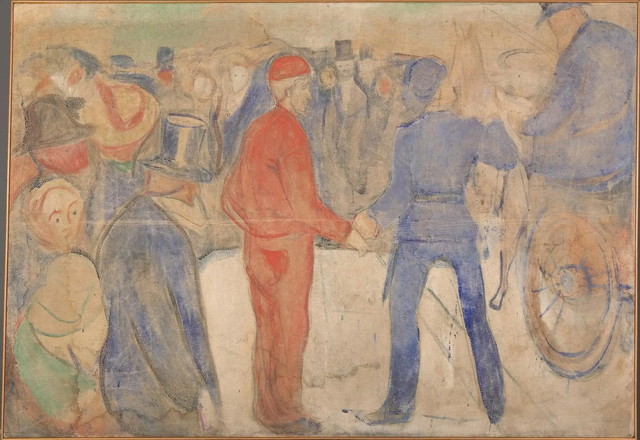 Ludzie gromadzący się wokół mężczyzny w czerwonym - Edvard Munch
