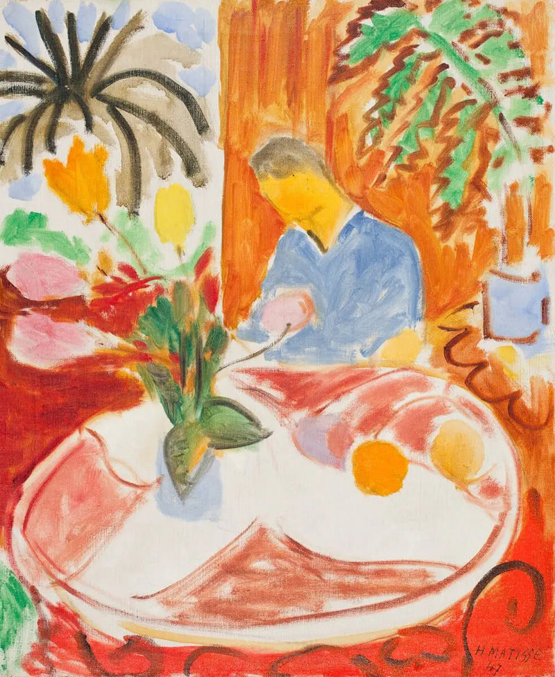 Mały Wnętrze przy Okrągłym Stole Marmurowym, Palmiér i Postać - Henri Matisse