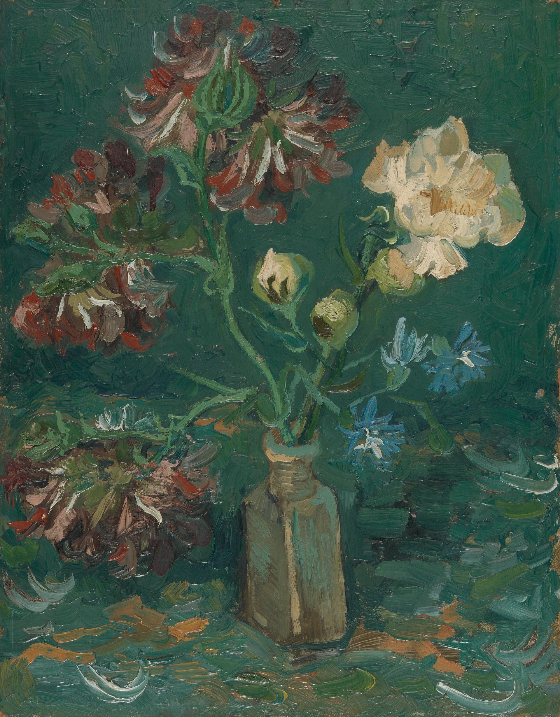 Petite bouteille avec pivoines et delphiniums bleus F243a — Vincent van Gogh