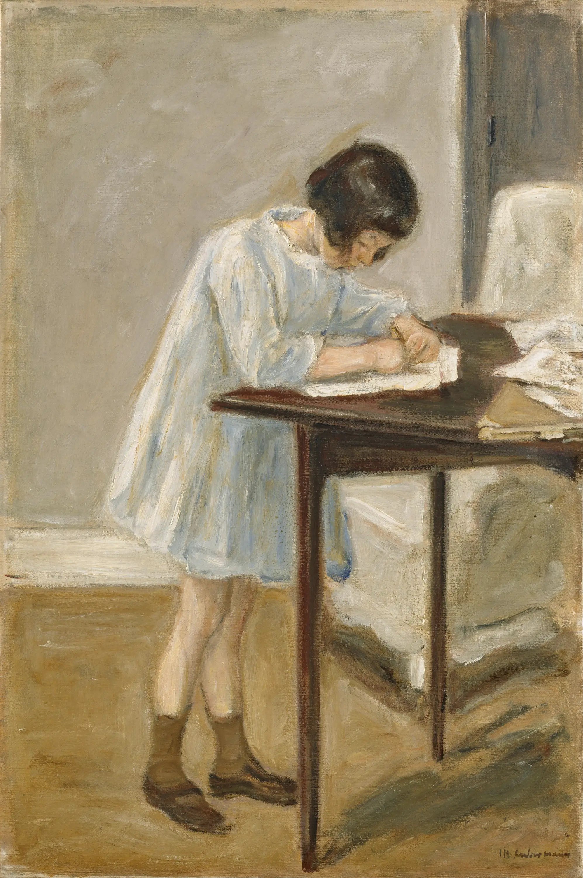 Petite-fille (fille debout en train d'écrire) - Max Liebermann image 1 copie peinte à la main à l’huile