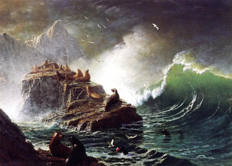 Foki na skałach, wyspy Farallon - Albert Bierstadt