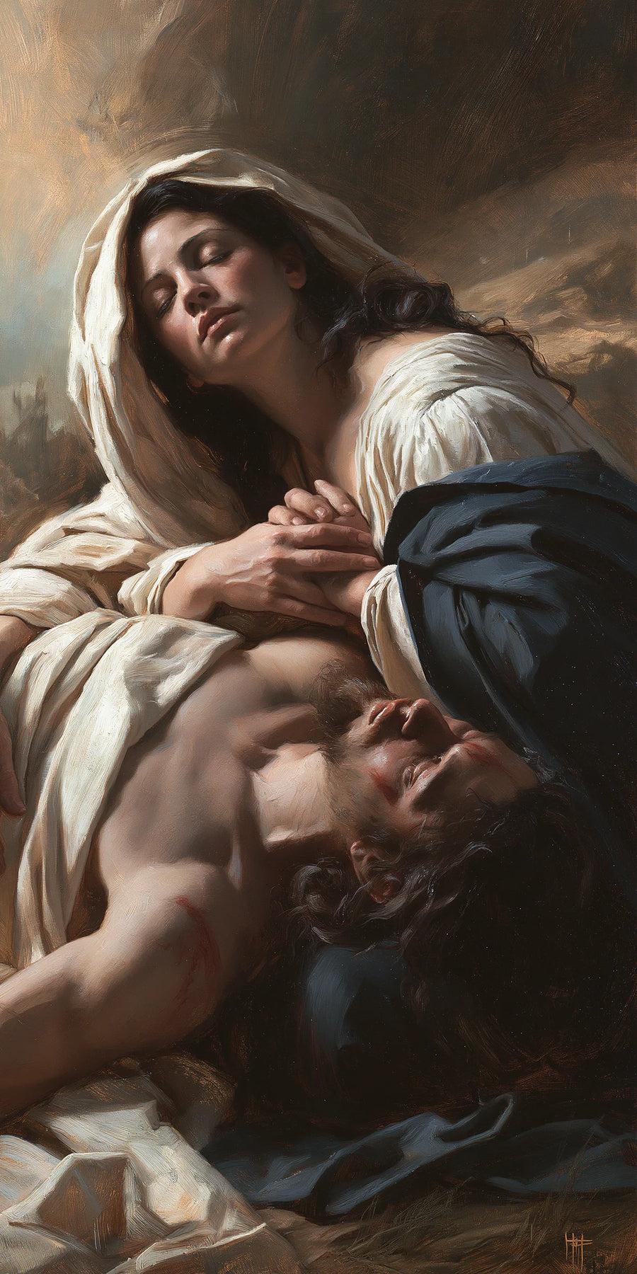 Pietà classique verticale avec Marie et le Christ dans des drapés gris bleu pâle et brun