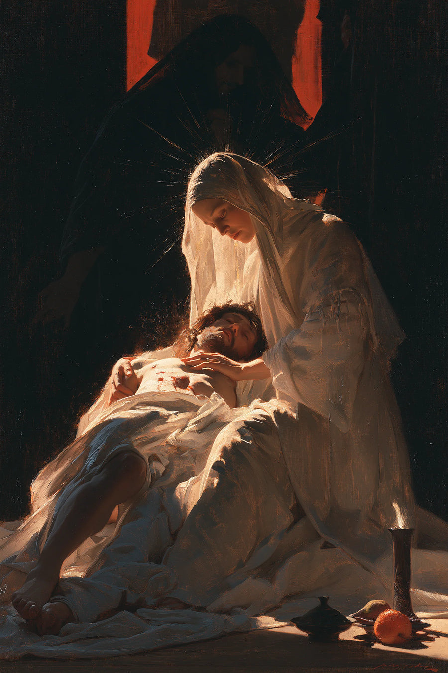 Pietà verticale sous un projecteur avec de larges drapés blancs, crème et gris pâle