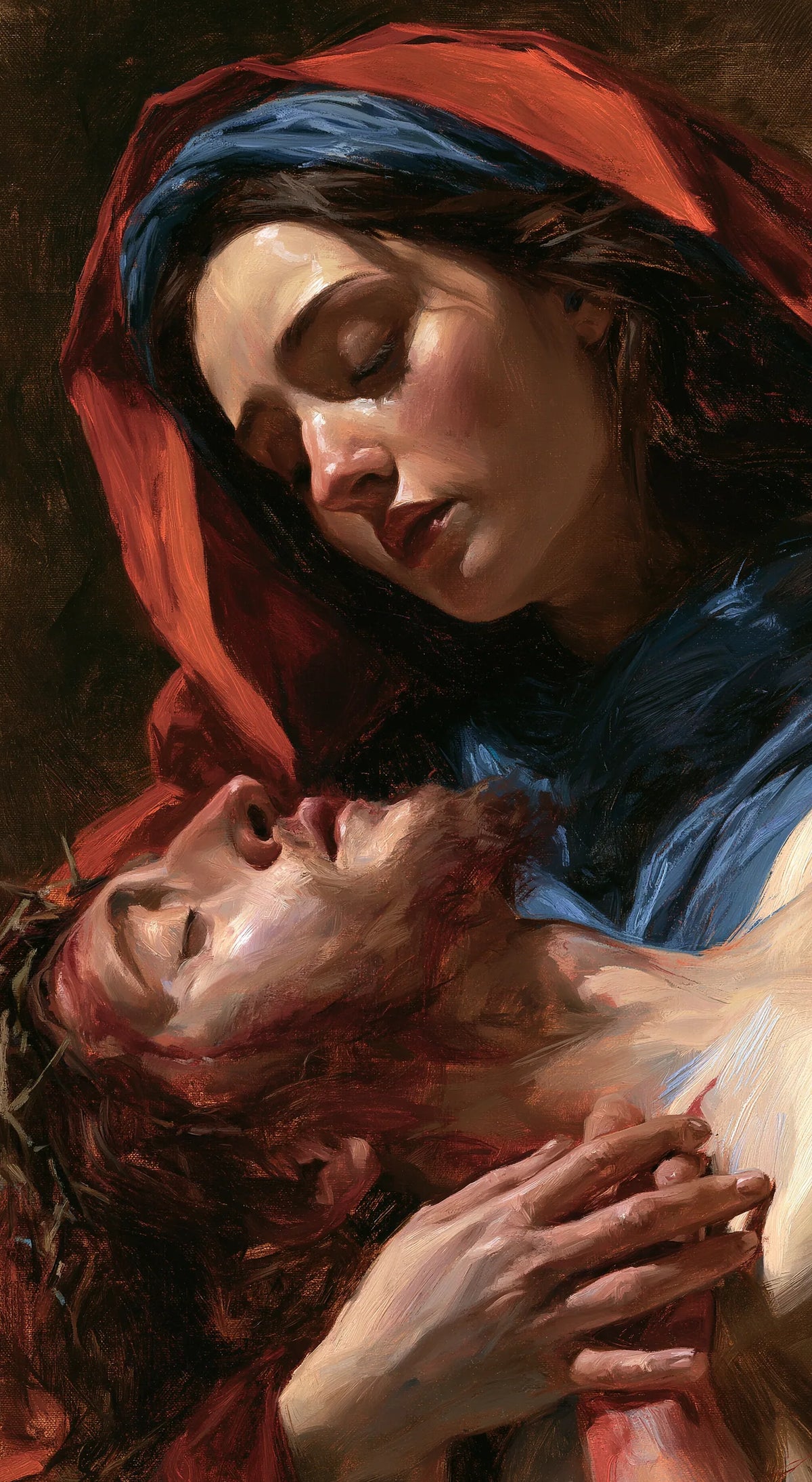 Pietà verticale rapprochée en rouge et bleu — Peinture à l’huile sur commande