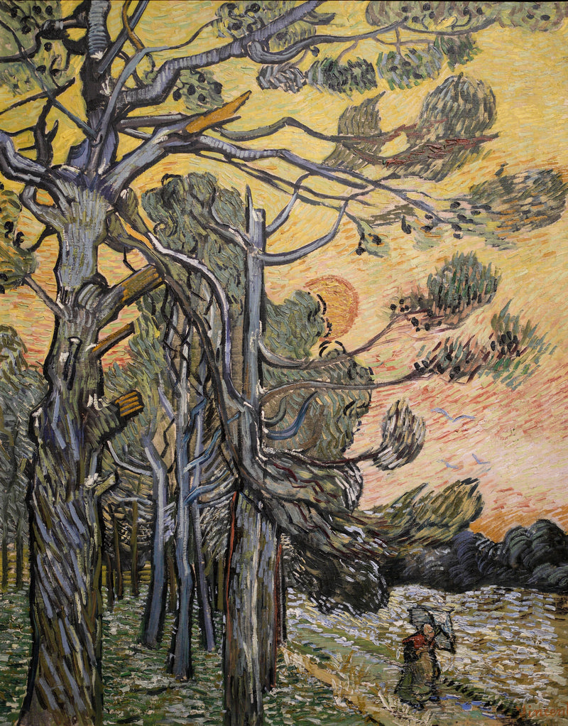 Szpilki na tle czerwonego nieba z zachodzącym słońcem - Vincent van Gogh