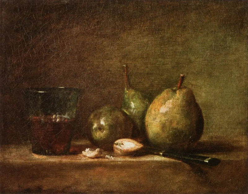 Gruszki, orzechy i kieliszek wina - Jean Simeón Chardin