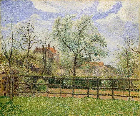 Kwitnące grusze w Eragny, poranek - Camille Pissarro
