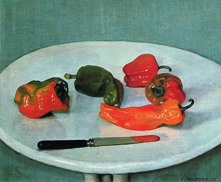 Czerwone papryki na okrągłym stole, lakierowany na biało - Félix Vallotton
