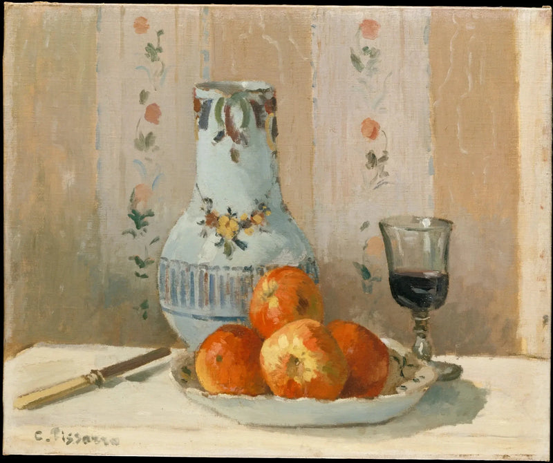 Kasztanowe jabłka i emaliowane naczynia na stole - Camille Pissarro
