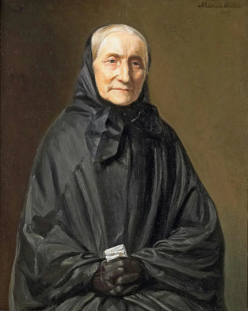 Portrait d'Ane Hedvig Brøndum en robe noire, assise les mains jointes. - Michael Peter Ancher