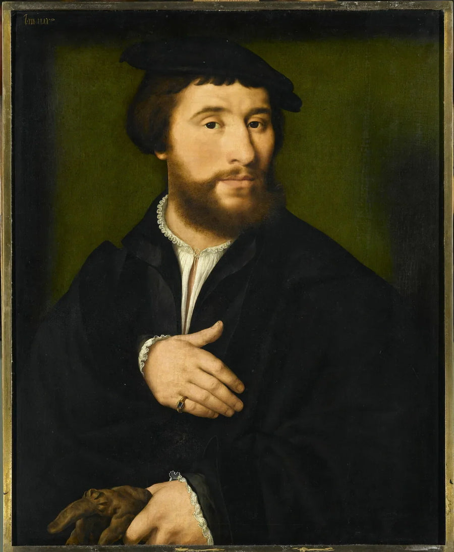 Portret mężczyzny ubranego na czarno, trzymającego jedną ręką rękawiczki - Joos van Cleve