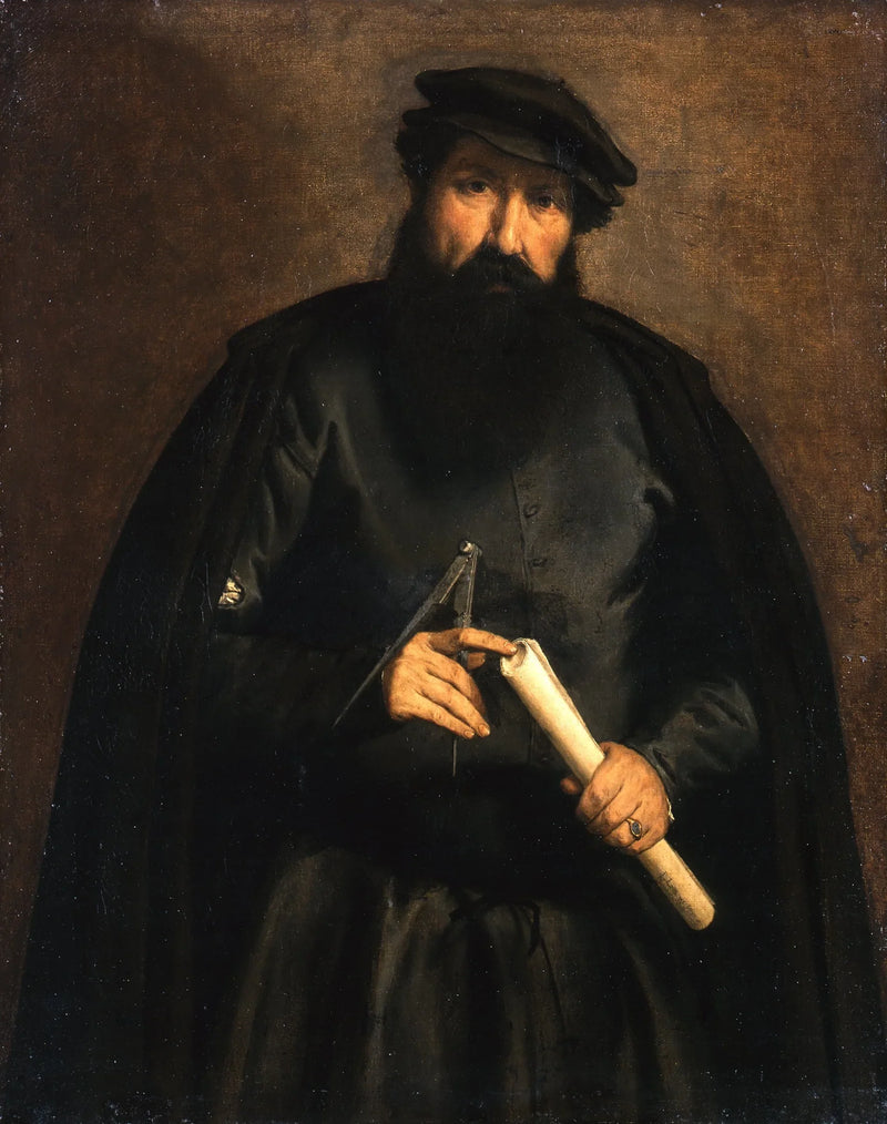 Portret mężczyzny z kołem i rolką papieru - Lorenzo Lotto