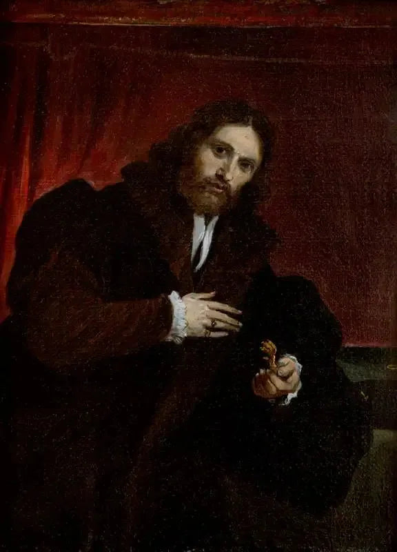 Portret mężczyzny w futrzanej kurtce trzymającego pazur lwa (według Lorenzo Lotto) - David Teniers Młodszy