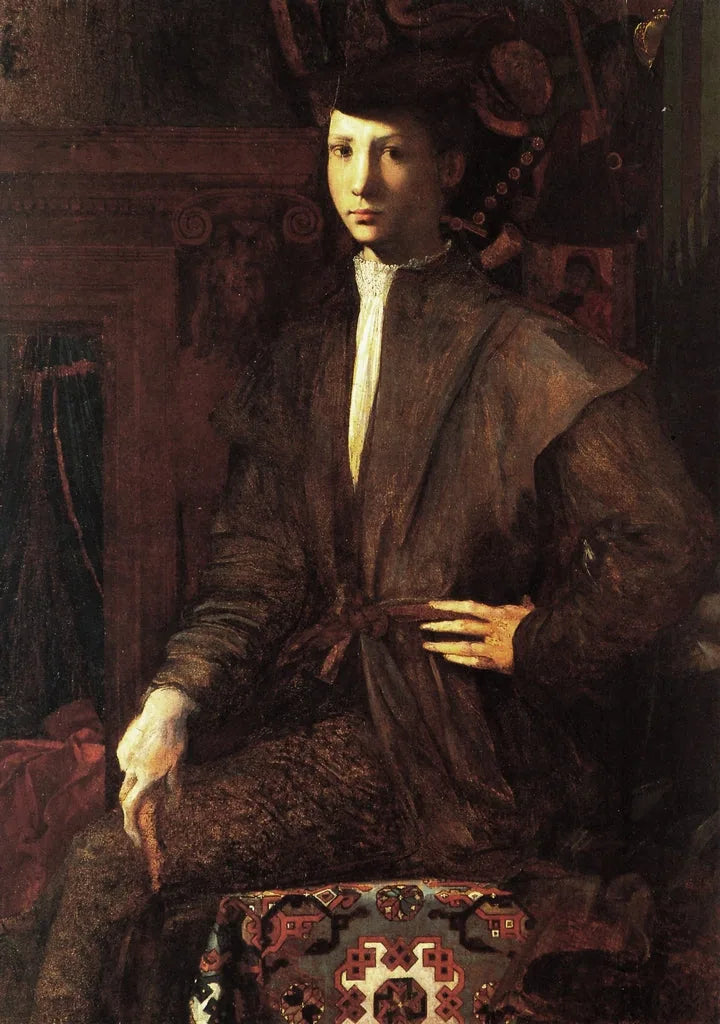 Portret młodego mężczyzny siedzącego na dywanie - Rosso Fiorentino