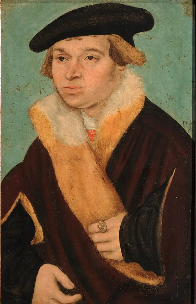 Portret młodego mężczyzny z blisko ogoloną twarzą w futrzanej kurtce światło - Lucas Cranach Starszy
