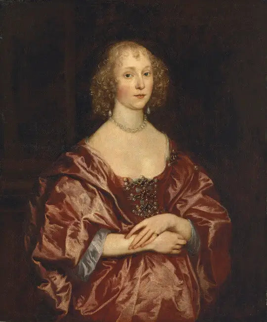 Portret damy, do połowy ciała, w czerwonej sukni wyszywanej perłami i diamentami - Antoine van Dyck