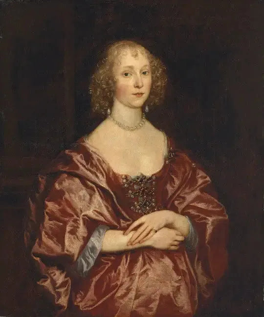 Portret damy, do połowy ciała, w czerwonej sukni wyszywanej perłami i diamentami - Antoine van Dyck