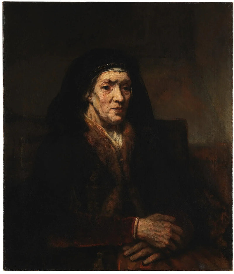 Portret siedzącej kobiety z złożonymi dłońmi - Rembrandt