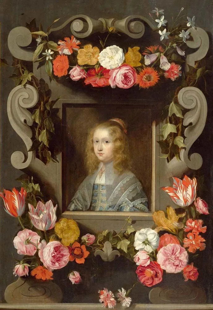 Portrait d'une jeune fille inconnue dans un cartouche orné d'une guirlande de fleurs - Jan Brueghel le Jeune image 1 reproduction artisanale de tableau