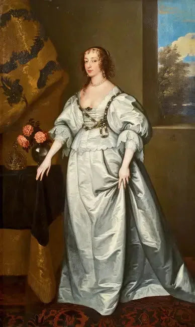 Portret królowej Henriette Marie stojącej w białej satynowej sukni - Antoine van Dyck