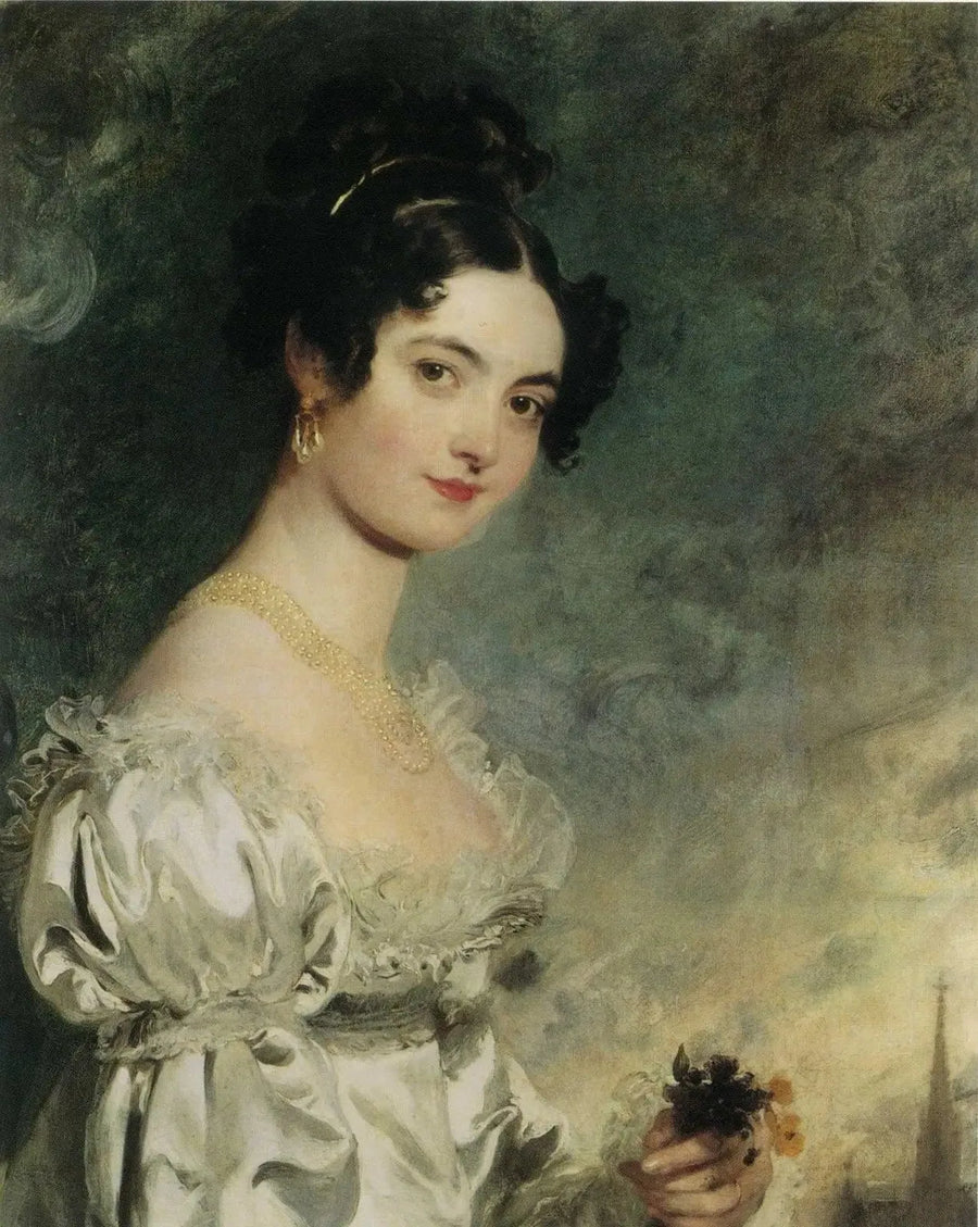 Portret Lady Seliny Meade (1797–1872), do pasa, w satynowej sukni w kolorze kości słoniowej, z iglicą katedry św. Stefana w Wiedniu w tle - Thomas Lawrence