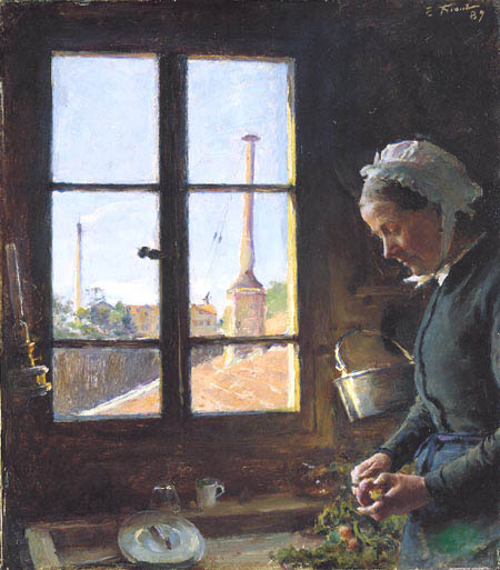 Portrait de sa mère épluchant une navette, devant une fenêtre - Émile Friant