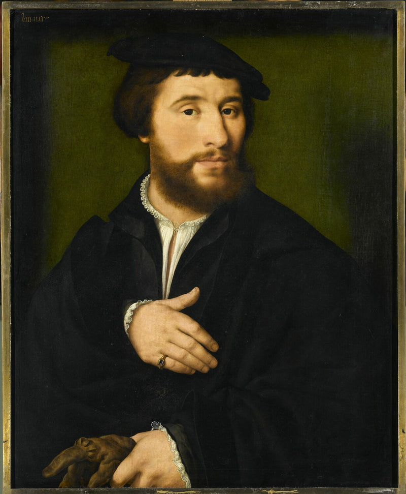 Portret mężczyzny ubranego na czarno, trzymającego jedną ręką rękawiczki - Joos van Cleve