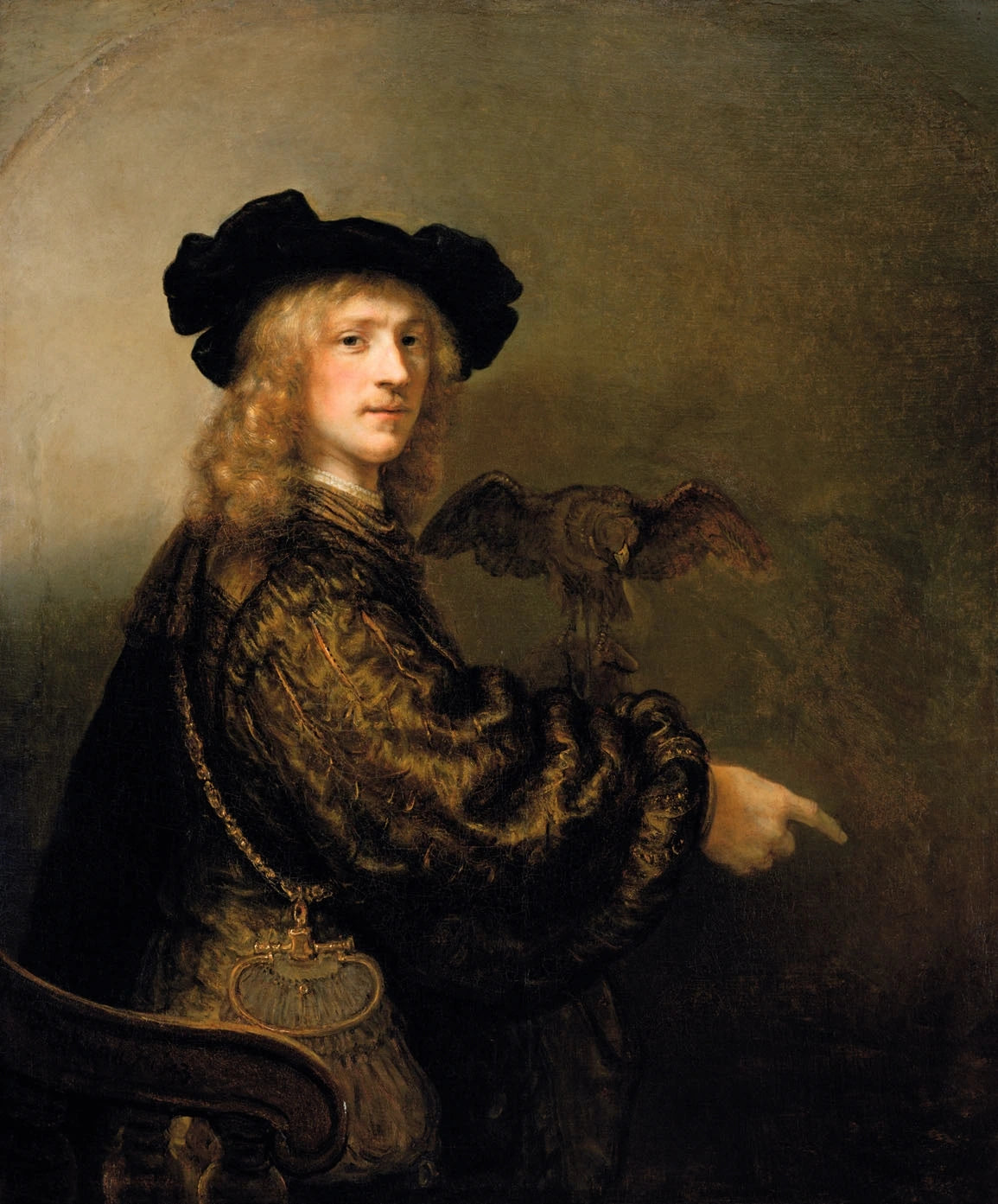 Portrait d’un homme au faucon — Rembrandt et atelier, 1643, collection privée