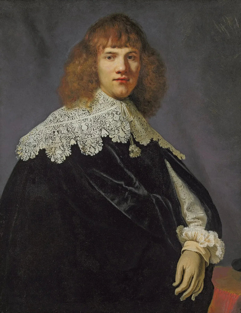 Portret dżentelmena, w półfigurze, ubrany w czarny aksamitny płaszcz oraz biały koronkowy kołnierz i mankiety - Rembrandt