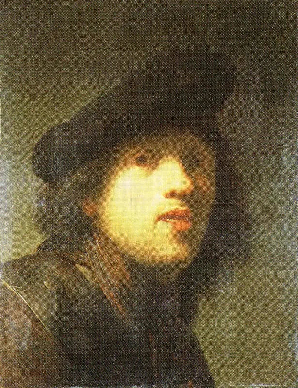 Autoportret z truskawką i beretem - Rembrandt