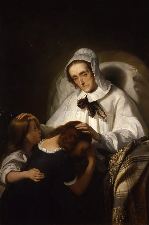 Portret van Cornelia Scheffer-Lamme die haar kleinkinderen zegent - Ary Scheffer image 1 copie peinte à la main à l’huile