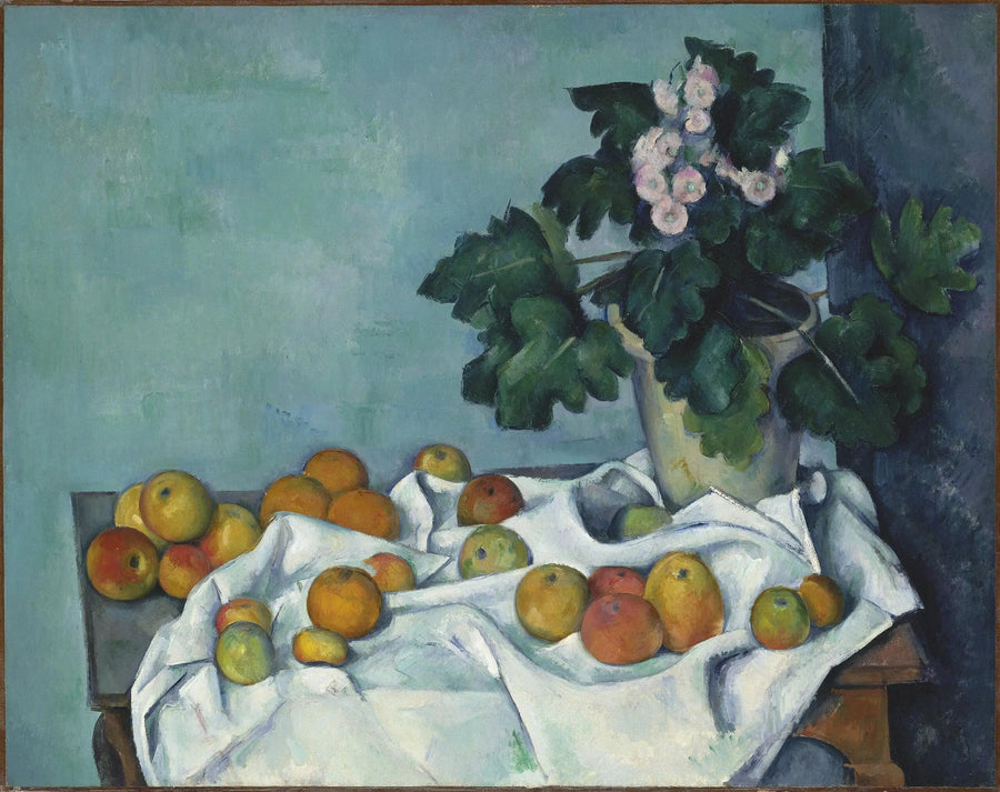 Garnek z prymulkami i owocami na stole - Paul Cézanne