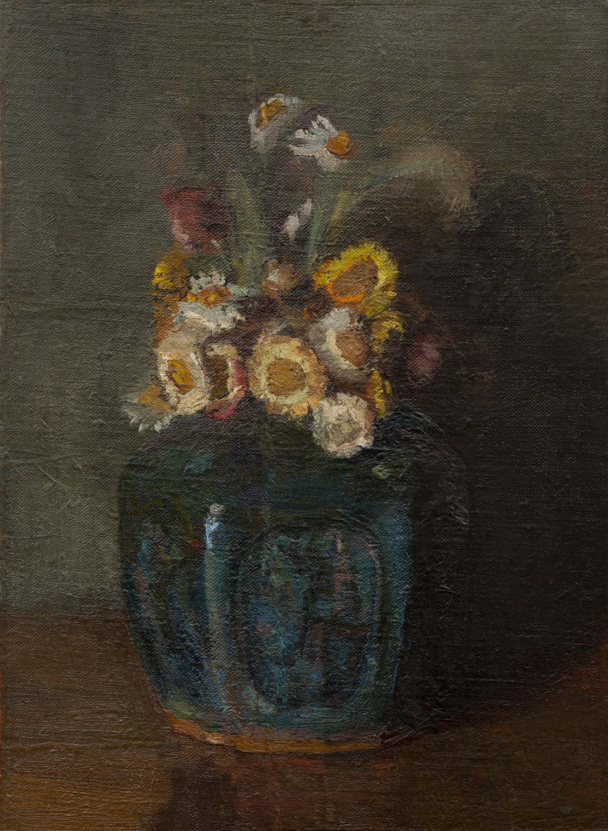 Pot de gingembre aux chrysanthèmes F198 — fleurs jaunes et orange dans une jarre décorée par Vincent van Gogh