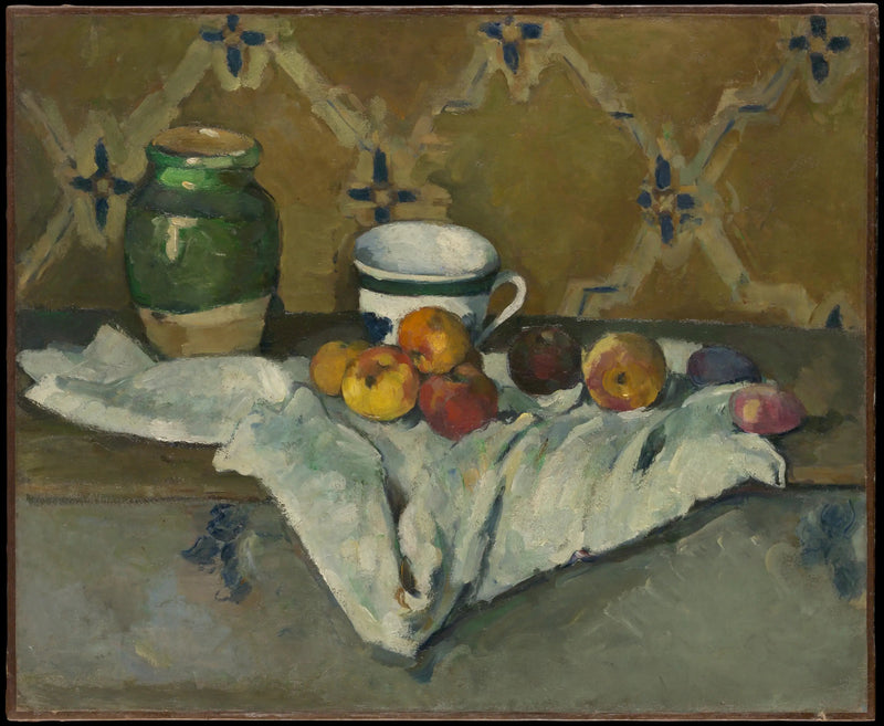 Ceramika, filiżanka i owoce na białym obrusie - Paul Cézanne
