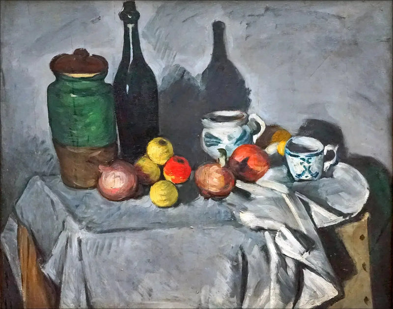 Garnki, butelka, filiżanka i owoce - Paul Cézanne
