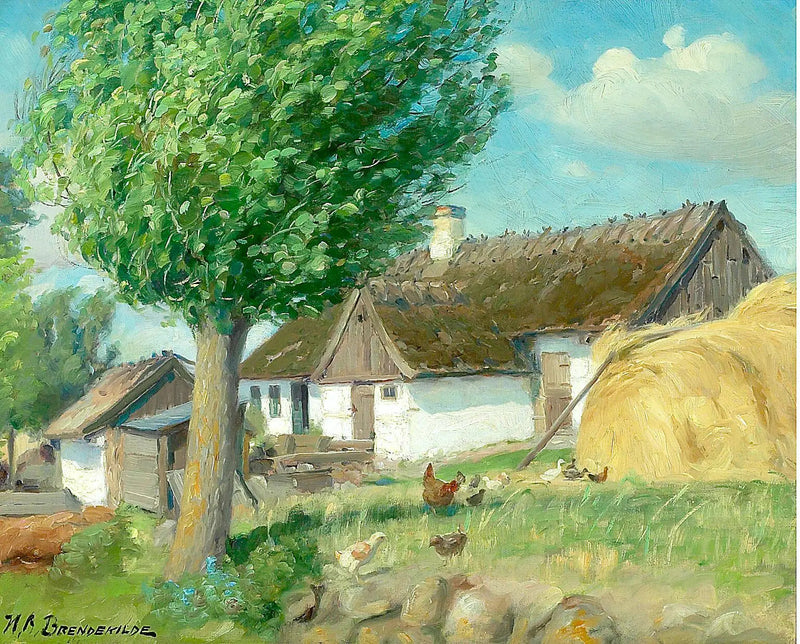 Kury przed farmą z dachówką słomianą. - H. A. Brendekilde